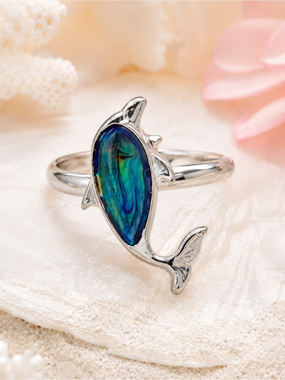 Dolphin Abalone Shell Ring Size 7 Adjustable
